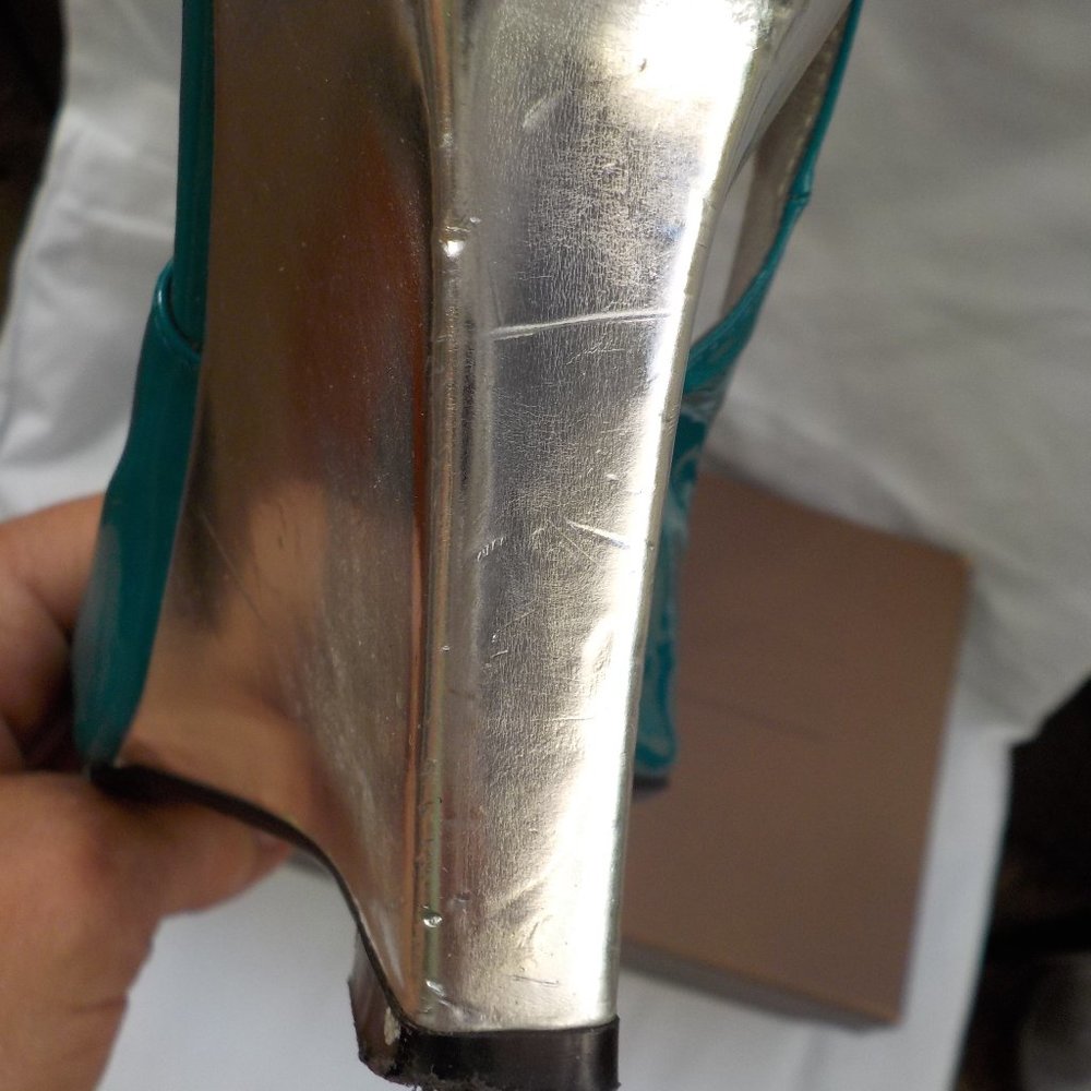 Gorgeous Linea Paolo Peep-toe Wedge Sandals Turquoise and Silver SZ 8/ 8.5 N/M - Picture 12 of 16